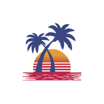 Vibrant illustration of two palm trees silhouetted against colorful sunset, with warm gradient sky and reflective water, evokes tropical paradise png