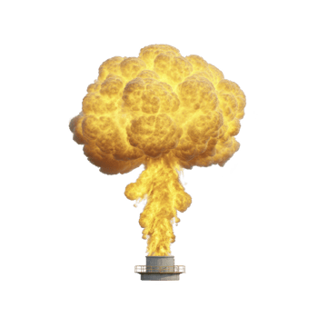 Large, fiery explosion with billowing yellow and orange flames erupts from structure, creating dramatic and intense scene. explosion is isolated on transparency background png