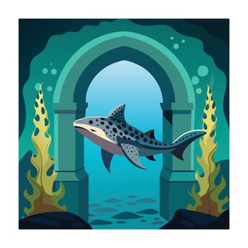 Whale Shark Cartoon in Underwater Ruin Illustration Art vector