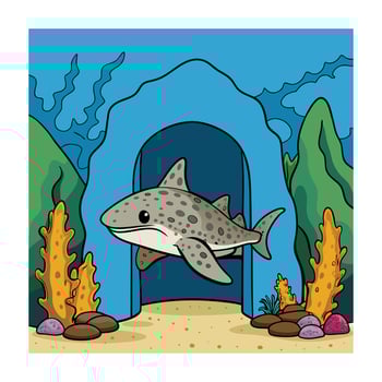 Leopard Shark Cartoon in Underwater Cave with Coral and Seaweed Illustration vector