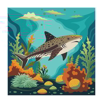 Cartoon Leopard Shark Swimming in Ocean with Coral Reef and Seaweed vector