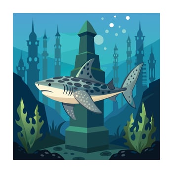 Leopard Shark Swimming in a Blue Cartoon Underwater City Landscape vector
