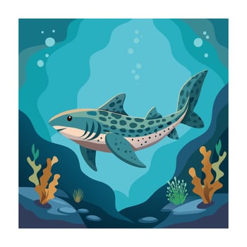 Stylized Wobbegong Shark Illustration Underwater Scene with Seaweed and Bubbles vector