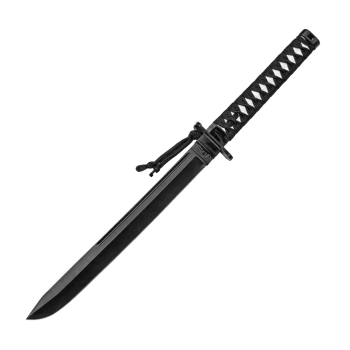 Sleek black katana with detailed handle and sharp blade, showcasing traditional Japanese craftsmanship. sword elegant design and intricate patterns make it striking piece png