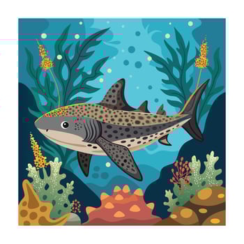 Leopard Shark Cartoon Illustration with Ocean Plants and Coral Reef vector