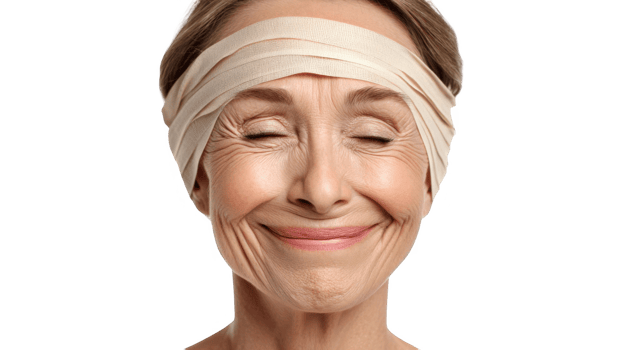 Senior woman wearing elastic bandage smiling with closed eyes on transparent background png