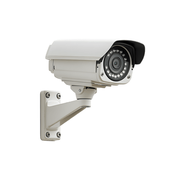 A modern security camera mounted on a wall. png