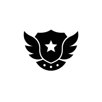 Black and white emblem features shield with central star, flanked by stylized wings, conveying sense of protection and authority. design is simple yet impactful png