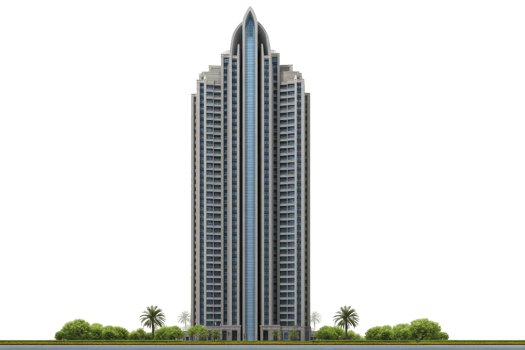 A modern skyscraper with sleek design stands tall against clear sky, surrounded by lush greenery and palm trees, showcasing urban architecture and city living png