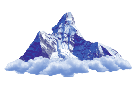 A majestic snow capped mountain peak rises above fluffy clouds, showcasing serene and breathtaking natural landscape. blue and white hues create tranquil and awe inspiring scene png