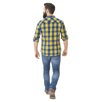 A man with beard is walking away, wearing vibrant yellow and blue plaid shirt paired with blue jeans and brown shoes. casual attire suggests relaxed, everyday style png