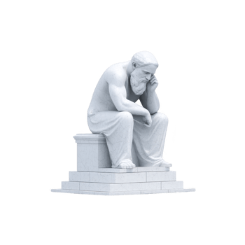 A marble statue of thoughtful man sitting on pedestal, with contemplative expression, evokes sense of introspection and wisdom. sculpture is detailed and classical in style png