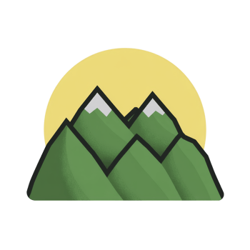 Stylized illustration of green mountains with snow capped peaks set against large yellow sun, creating serene and minimalist landscape png