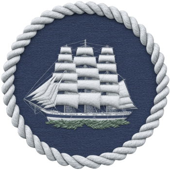Embroidered patch features detailed sailing ship with multiple sails on navy blue background, encircled by white rope border, evoking nautical theme png