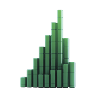 A 3d bar graph with green bars of varying heights represents data visualization, showing upward trend. bars are arranged in ascending order, creating dynamic and modern look png