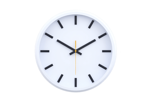 A minimalist white wall clock with black hour and minute hands and yellow second hand, set against plain background, conveys simplicity and modern design png