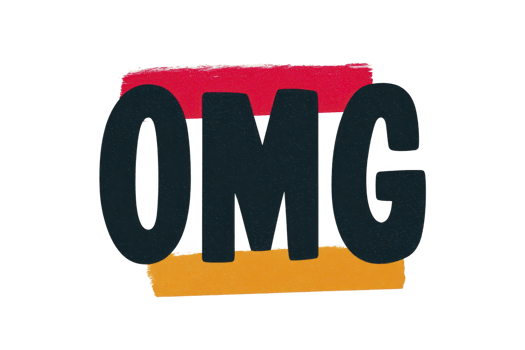 A bold black letters spell omg over vibrant red and orange brushstrokes, creating striking and expressive design png