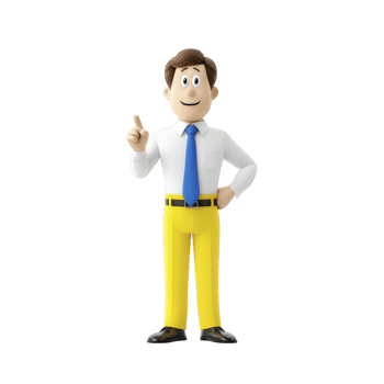 A 3d cartoon character with cheerful expression is standing, wearing white shirt, blue tie, and yellow pants, pointing upwards. character has brown hair and black shoes png