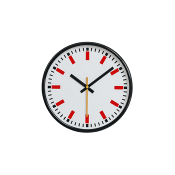 A round wall clock with white face features bold red hour markers and black minute markers. clock has black hour and minute hands, and yellow second hand, all enclosed in black frame png