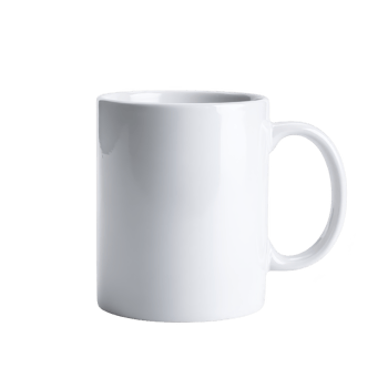 A plain white ceramic mug with glossy finish, perfect for hot beverages like coffee or tea. simple design makes it versatile for any kitchen or office setting png