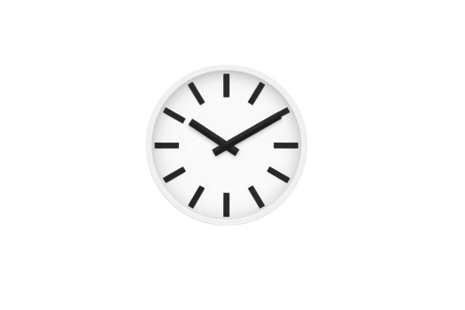 A minimalist wall clock with white face and black hour and minute hands, featuring simple black hour markers, is set against plain background. design is modern and sleek png
