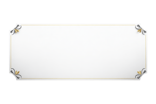 An elegant white rectangular frame with ornate corner designs in gold and black, perfect for invitations or certificates. minimalist style adds touch of sophistication to any formal document png