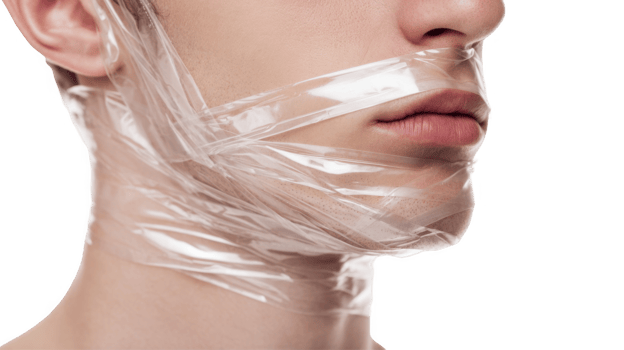 Man with mouth and jaw covered in plastic wrap on transparent background png