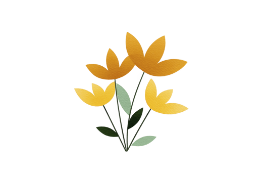 A digital illustration of stylized yellow and orange flowers with green leaves on transparency background, showcasing modern and minimalist design png