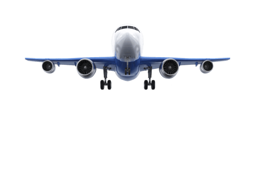 A large commercial airplane with blue and white exterior is flying directly towards viewer, showcasing its engines and landing gear. aircraft is set against clear sky, emphasizing its sleek design png