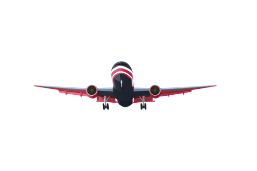A red and black airplane is flying towards viewer, showcasing its sleek design and powerful engines against clear sky. aircraft wings are extended, emphasizing its aerodynamic shape png