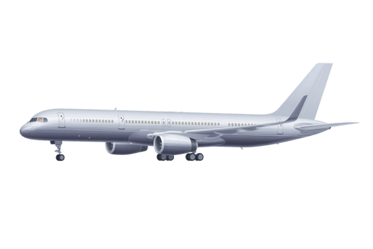 A sleek, silver commercial airplane with two engines and streamlined design, ready for takeoff. aircraft is depicted in side view, showcasing its aerodynamic shape and landing gear png