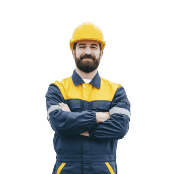 Confident construction worker wearing yellow hard hat and blue and yellow uniform stands with arms crossed, exuding professionalism and readiness for work png