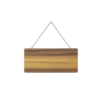 Rectangular wooden sign with natural grain pattern hangs from metal chain, isolated on transparency background. sign is simple and rustic, suitable for various decorative or informational purposes png