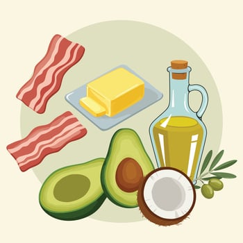 Healthy Food Ingredients with Avocado, Bacon, Butter, and Oil Illustration vector