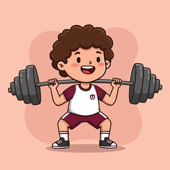 Boy Lifting Heavy Barbell in Gym Cartoon Illustration vector
