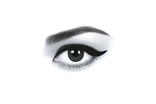 Detailed black and white illustration of human eye with bold eyeliner and well defined eyebrow, conveying sense of mystery and elegance png
