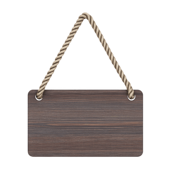 Wooden sign with rope handle hangs against transparency background, showcasing rustic and natural design. wood grain is visible, adding texture and character to sign png