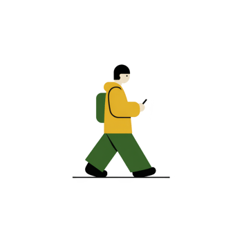 Person in yellow jacket and green pants walks while looking at phone, carrying backpack. illustration is simple and minimalistic, conveying sense of movement and focus png
