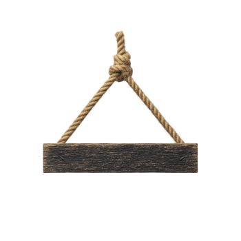 Rustic wooden sign hangs from thick, textured rope, evoking sense of vintage charm and simplicity. dark wood contrasts with natural fiber, creating classic, timeless look png