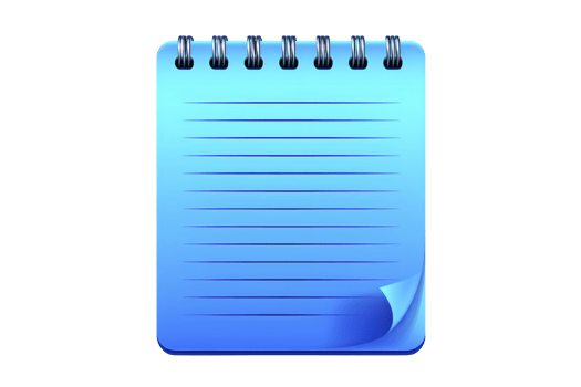Blue spiral bound notepad icon with lined pages and curled corner, representing note taking or writing. design is simple and modern, suitable for digital applications png
