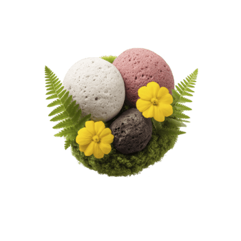 Three colorful pumice stones, white, pink, and black, are artistically arranged with green ferns and yellow flowers, creating natural and refreshing spa like composition png