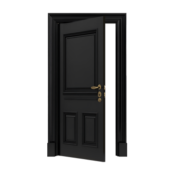 Partially opened solid black door with golden handle on transparent background png