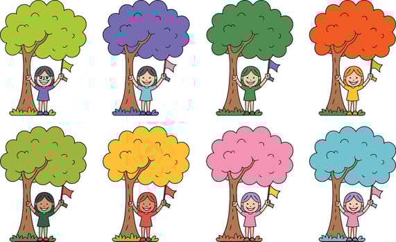 Cheerful girls holding flags beside trees with varied colorful foliage illustration vector