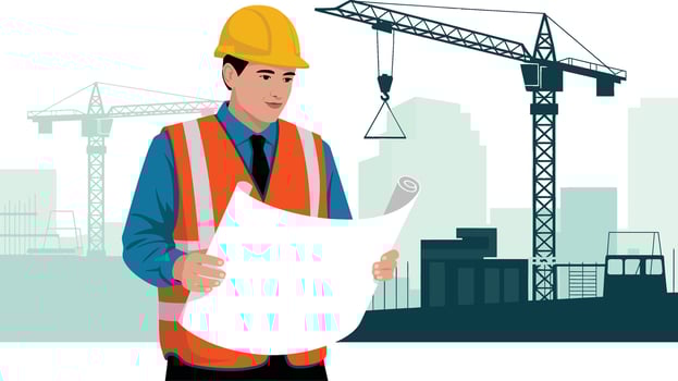 Construction worker reviewing blueprints at a building site with cranes vector