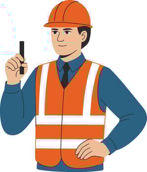 Construction worker holding ruler wearing hard hat and reflective vest illustration vector