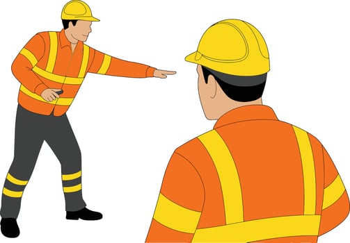 Construction worker directing traffic wearing safety gear illustration style image vector