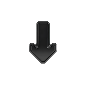 Black 3D arrow pointing downward with glossy finish, symbolizing direction or navigation. arrow sleek design adds modern touch, making it suitable for digital interfaces or graphic design projects png