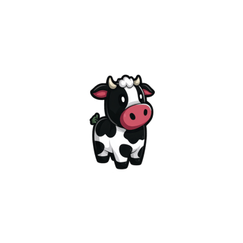 Cute cartoon cow with black and white spots and red snout stands cheerfully on plain background. Its playful design and bright colors make it appealing for children content png
