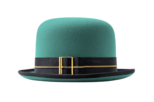 Stylish green bowler hat with black band and gold buckle, perfect for adding touch of elegance to any outfit. classic design is both timeless and versatile png