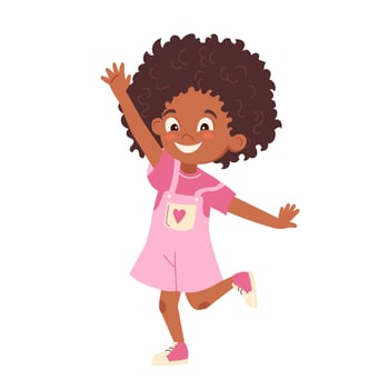 Happy dark-skinned girl in pink outfit jumping and waving Cute cartoon smiling child celebrating success and having fun. Joyful illustration for kids card, banner, poster, print, design element vector